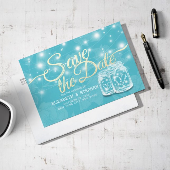 Couple Mason Jar Blue Floral Wedding Save The Date Postcard (Creator Uploaded)