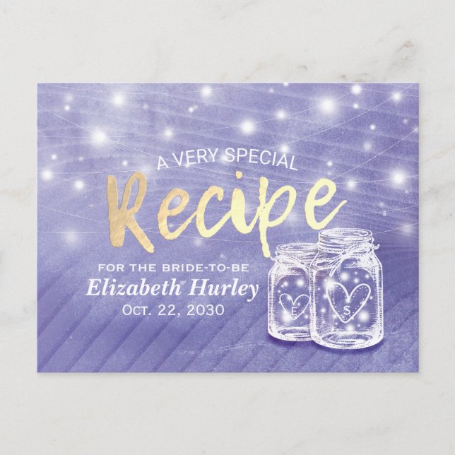 Couple Mason Jar String Light Bridal Shower Recipe Invitation Postcard (Front)