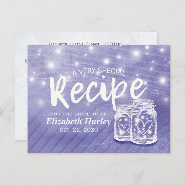 Couple Mason Jar String Light Bridal Shower Recipe Invitation Postcard (Front/Back)
