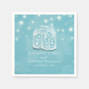 Couple Mason Jar String Lights Blue Floral Wedding Napkin