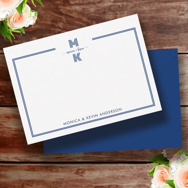 Couple Minimalist Navy Blue Two Border Monogram Card (Minimalist Navy Blue Two Border Monogram Note Card)