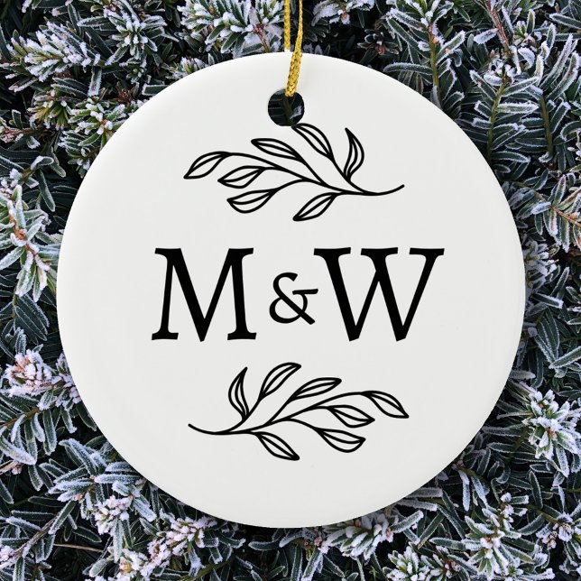 Couple Monogram Elegant Botanical Ceramic Ornament (Couple monogram initials personalized botanical leaves ceramic ornament)