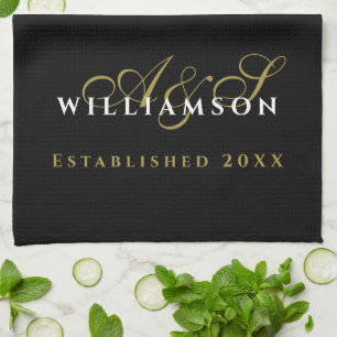 Couple Monogram Est. Year Black Gold White Elegant Tea Towel