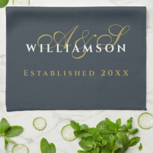 Couple Monogram Est. Year Navy Blue Gold White Tea Towel