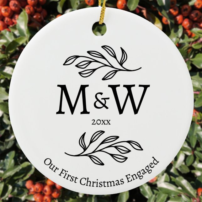 Couple Monogram First Christmas Engaged Ceramic Ornament (Couple monogram initials custom text date first Christmas engaged ceramic ornament)