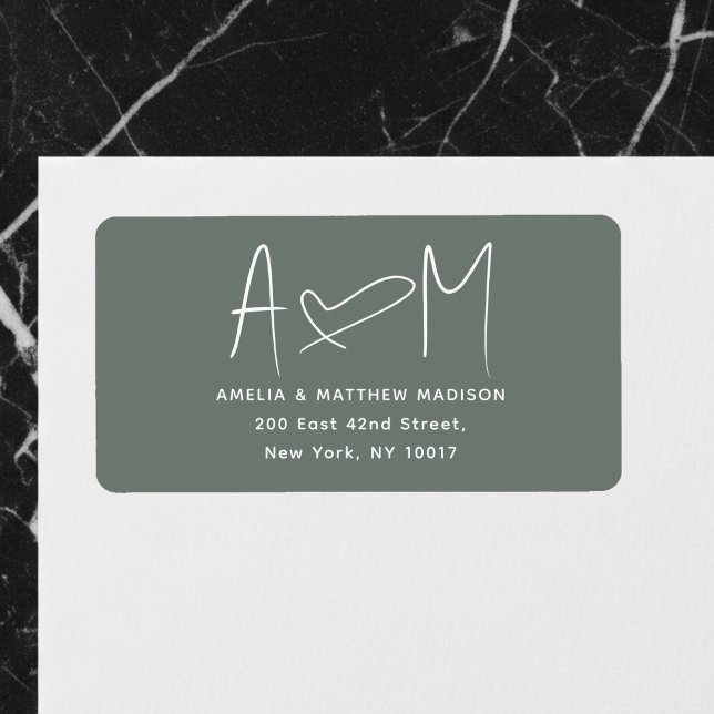 Couple Monogram Heart Green Return Address Label (Creator Uploaded)