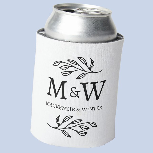 Couple Monogram Names Wedding Elegant Botanical Can Cooler (Wedding couple monogram name initials modern botanical leaf design can cooler)