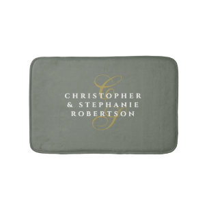 Couple Monogram Olive Grey Gold White Minimalist Bath Mat