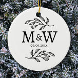 Couple Monogram Wedding Date Elegant Botanical Ceramic Ornament<br><div class="desc">Add a touch of class to your decor with this unique personalised couple monogram initial and wedding date botanical leaves design.  Modern,  minimalist and simple serif font for a sophisticated look.  Original art by Nic Squirrell.</div>