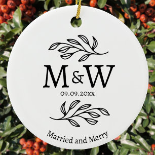 Couple Monogram Wedding Married and Merry Ceramic Ornament