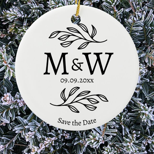 Couple Monogram Wedding Save the Date Botanical Ceramic Ornament (Wedding couple monogram elegant botanical save the date ceramic ornament)