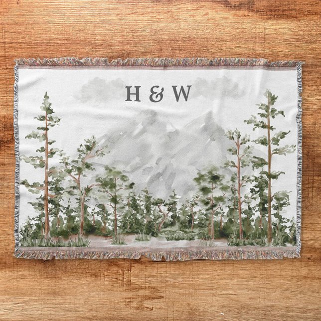 Couple Monogrammed Watercolor Mountain and Forest Throw Blanket (In situ)