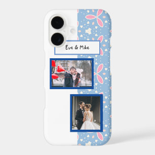 Couple Name and Photo Blue Hearts Pattern