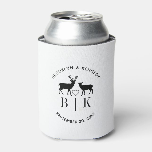 Couple Name Deer Monogram Rustic Country Wedding Can Cooler (Can Front)