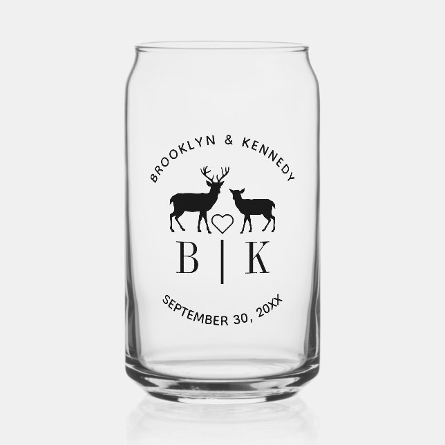 Couple Name Deer Monogram Rustic Country Wedding Can Glass (Front)