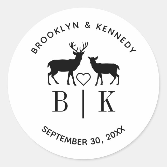 Couple Name Deer Monogram Rustic Country Wedding Classic Round Sticker (Front)