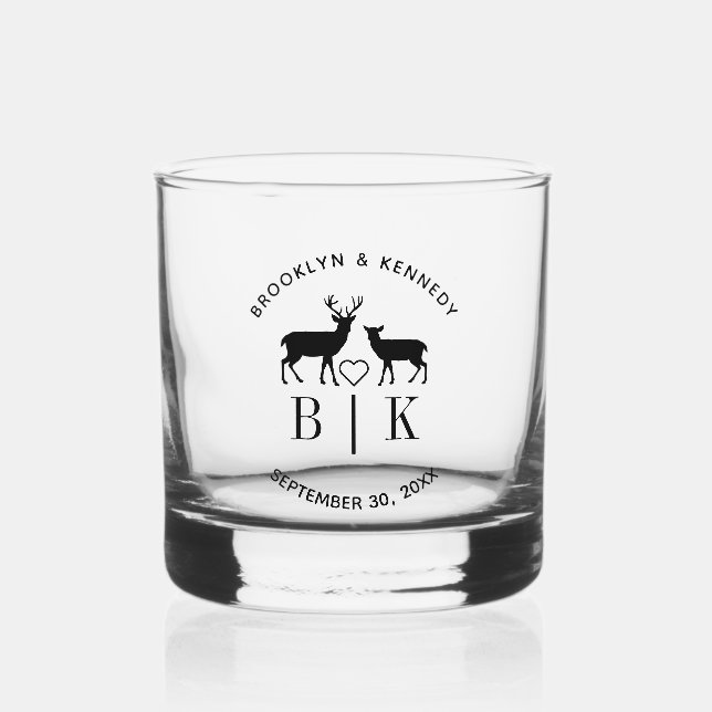 Couple Name Deer Monogram Rustic Country Wedding Whiskey Glass (Front)