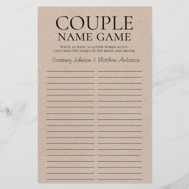 Couple Name Game Rustic Bridal Shower Game (Front)