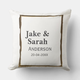 Couple name grey golden frame border wedding date  cushion