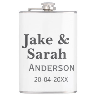 Couple name grey golden frame border wedding date  hip flask
