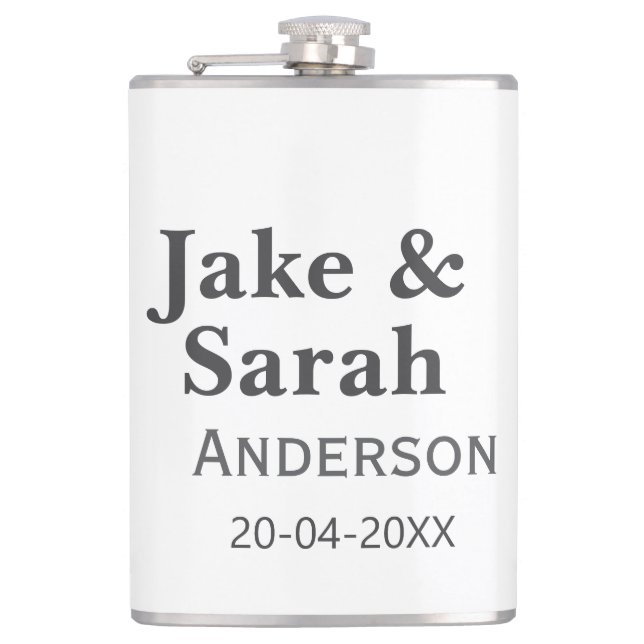 Couple name grey golden frame border wedding date  hip flask (Front)