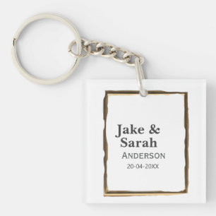 Couple name grey golden frame border wedding date key ring