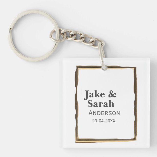 Couple name grey golden frame border wedding date  key ring (Front)