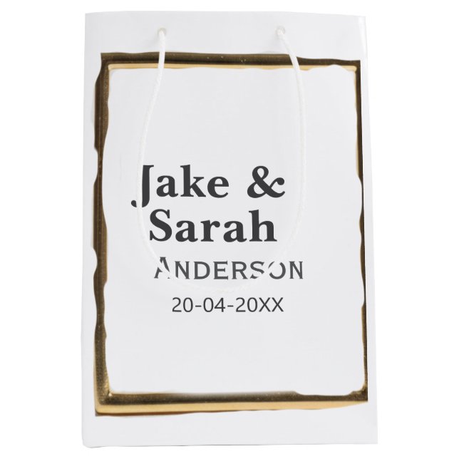 Couple name grey golden frame border wedding date  medium gift bag (Front)