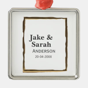 Couple name grey golden frame border wedding date metal ornament