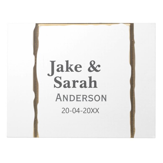 Couple name grey golden frame border wedding date  notepad (Front)