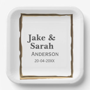 Couple name grey golden frame border wedding date paper plate