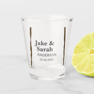 Couple name grey golden frame border wedding date  shot glass
