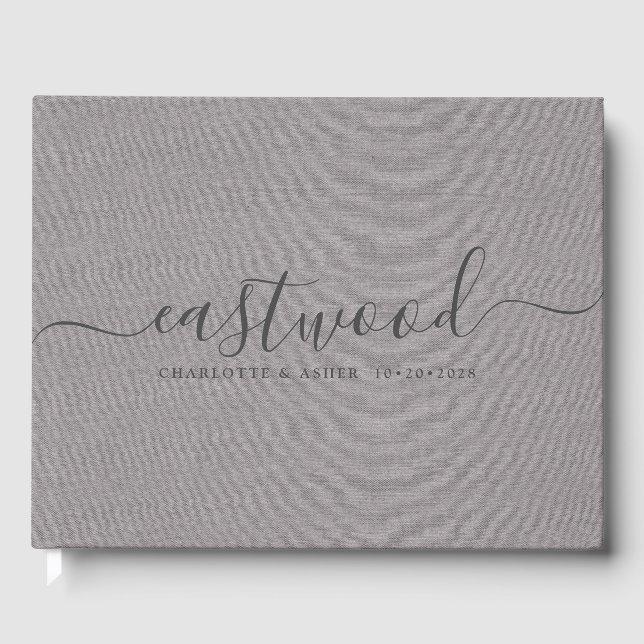 Couple Name Wedding Monogram Dark Grey Faux Linen  Guest Book (Front)