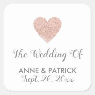couple names bright rose heart, love wedding square sticker