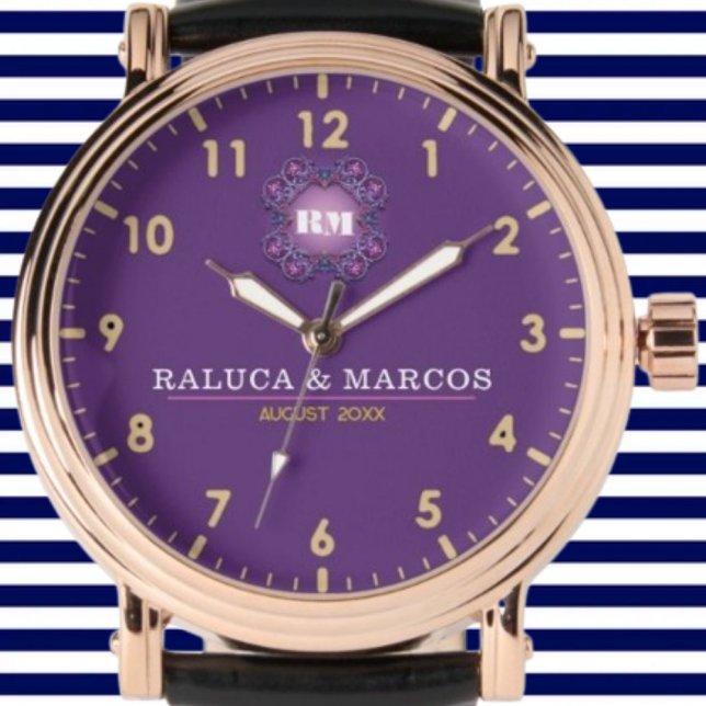 Couple names His and Her elegant purple monogram Watch (Creator Uploaded)