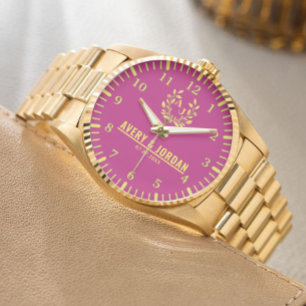 Couple Names Monogram Yellow & Pink Elegant  Watch