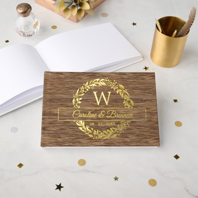 Couple Names Wedding Date Laurel Wreath Gold Guest Book (Front Open)