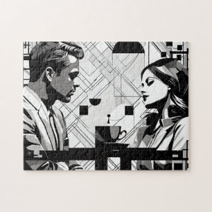 Couple of Intrigue in Black and White Modern Cafe Jigsaw Puzzle