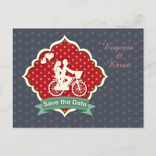 Couple on bicycle Retro Save the Date Postcard (Front)
