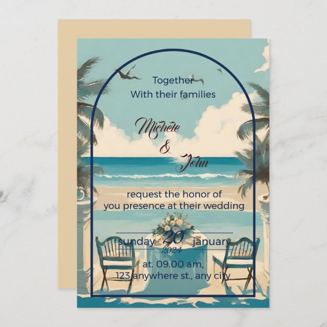 Couple on blue beach with seagulls invitation (Front/Back)