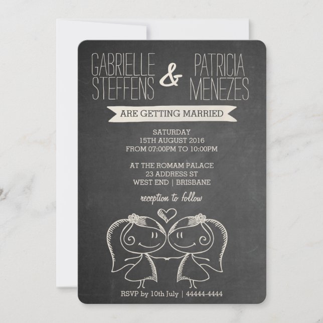 Couple on Chalkboard Lesbian Wedding Invitation (Front)