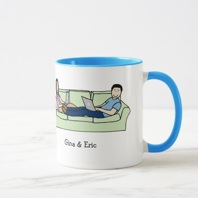 Couple on laptops - personalised cartoon mug (Right)