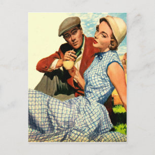 Couple on picnic, vintage, valentine postcard
