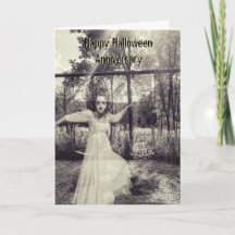 Couple on Swing Halloween Anniversary Card with ve