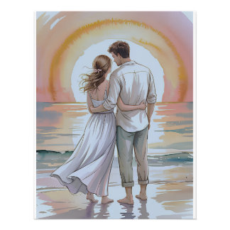 Couple on the beach at sunset photo print