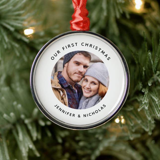 Couple Our First Christmas Photo Metal Ornament (Tree)