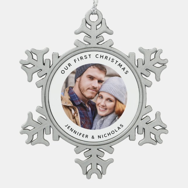 Couple Our First Christmas Photo  Snowflake Pewter Christmas Ornament (Front)