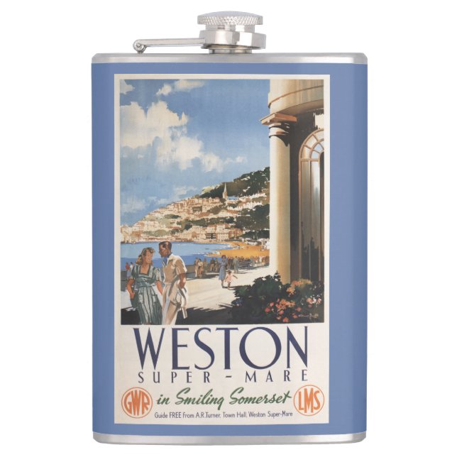 Couple Overlooking Coast Railway Poster Hip Flask (Front)