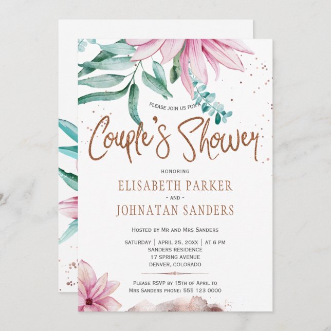 Couple party floral glitter script couples shower invitation (Front/Back)
