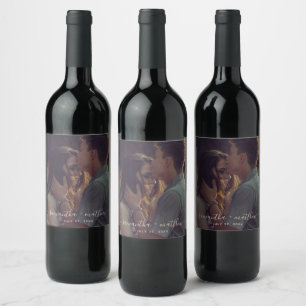 Couple Photo Calligraphy Script Wedding Wine Label